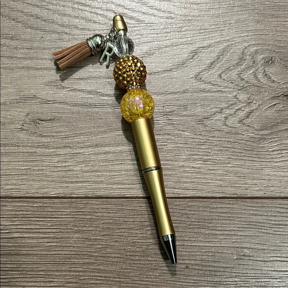 Gold and Yellow Beaded Pen with Tassel Charm “R”
